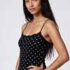 Black Barbaratee Zelmora Polka Dot Lace Trim Spaghetti Strap Fitted Cami Top