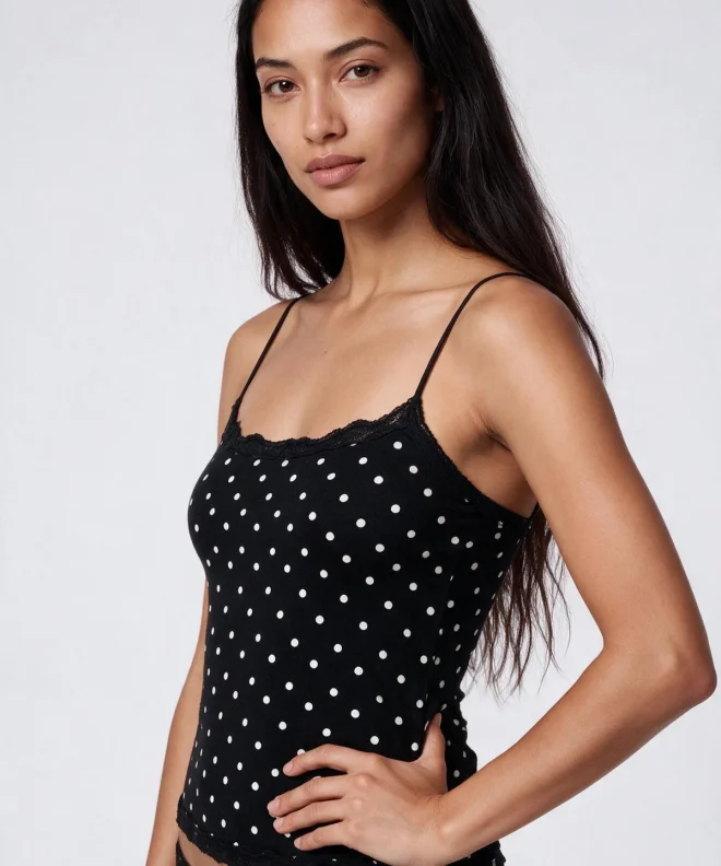 Black Barbaratee Zelmora Polka Dot Lace Trim Spaghetti Strap Fitted Cami Top