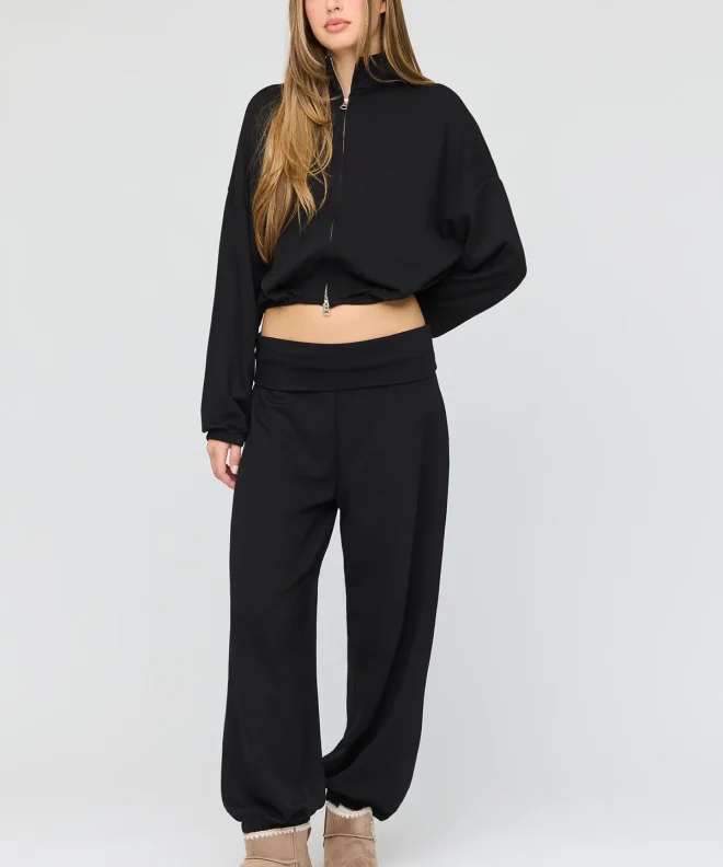 Black Velmora Barbaratee Zip Up Cropped Jacket Wide Leg Relaxed Lounge Pants Set