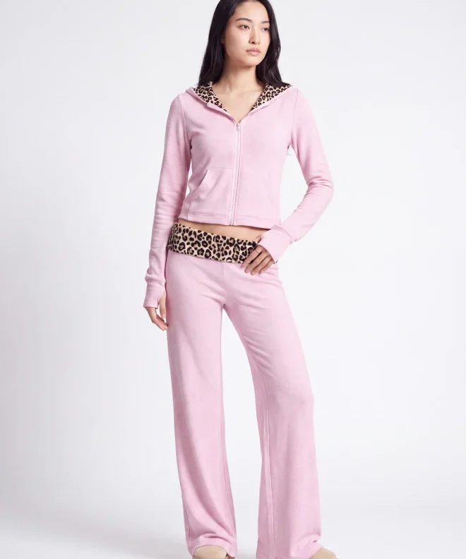 Blush Pink Barbaratee Zelmira Leopard Trim Zip Up Hoodie Wide Leg Lounge Pants Set