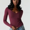 Burgundy Barbaratee Velmora Deep V Neck Long Sleeve Fitted Stretch Knit Top