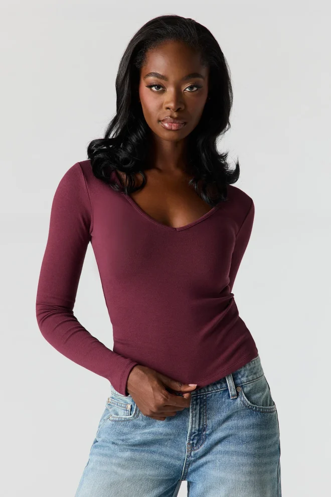 Barbaratee long sleeve tops Burgundy Velmora deep V neck fitted stretch knit top
