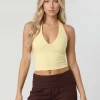 Butter Yellow Barbaratee Veloria Deep V Neck Halter Sleeveless Fitted Crop Top
