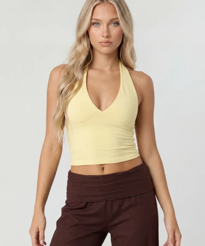 Butter Yellow Barbaratee Veloria Deep V Neck Halter Sleeveless Fitted Crop Top