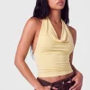 Butter Yellow Velmira Cowl Neck Halter Sleeveless Fitted Draped Top by Barbaratee