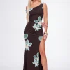 Chocolate Brown Barbaratee Velmora Aqua Floral One Shoulder Side Slit Maxi Dress