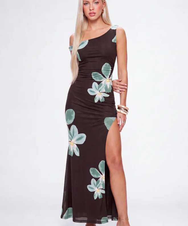 Chocolate Brown Barbaratee Velmora Aqua Floral One Shoulder Side Slit Maxi Dress