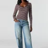 Chocolate Brown Barbaratee Zenvora White Stripe V Neck Long Sleeve Fitted Top