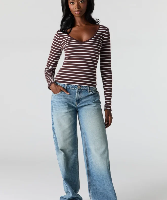 Chocolate Brown Barbaratee Zenvora White Stripe V Neck Long Sleeve Fitted Top