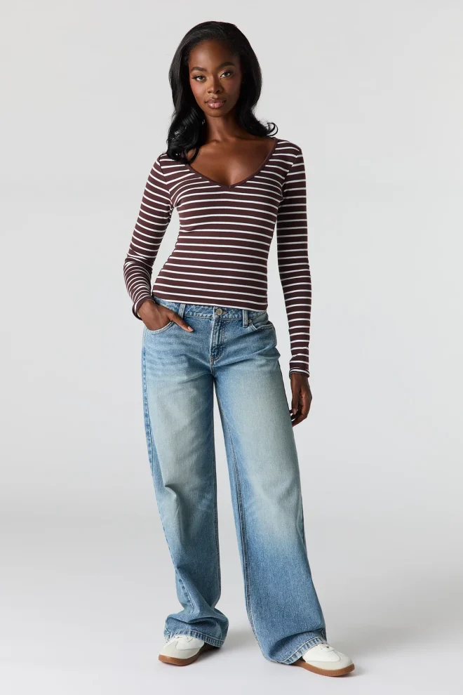 Chocolate Brown Barbaratee Zenvora white stripe V neck long sleeve fitted top