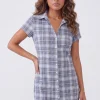 Dusty Blue Barbaratee Velzora Plaid Button Front Short Sleeve Fitted Mini Dress