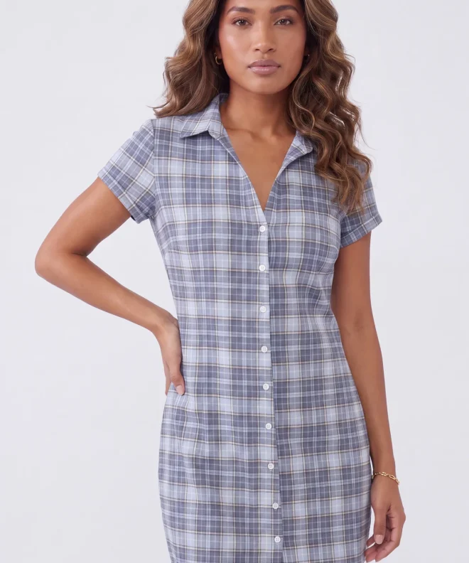 Dusty Blue Barbaratee Velzora Plaid Button Front Short Sleeve Fitted Mini Dress