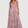 Dusty Rose Barbaratee Zelmira Paisley Halter V Neck Tiered Flowy Maxi Dress