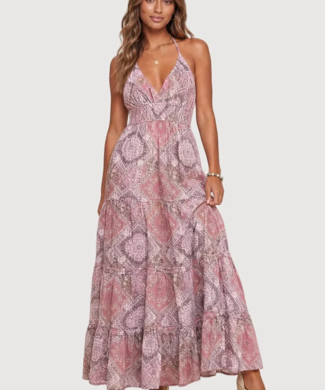 Dusty Rose Barbaratee Zelmira Paisley Halter V Neck Tiered Flowy Maxi Dress
