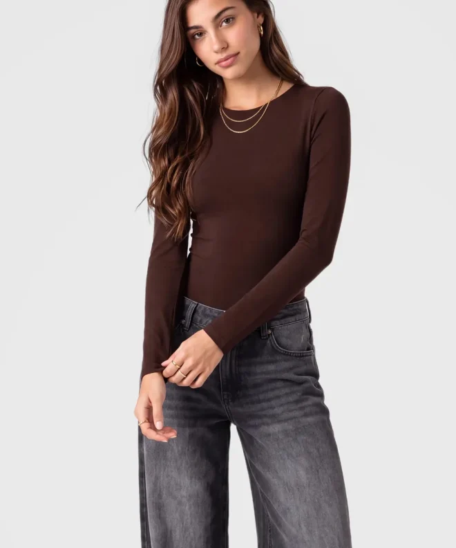 Espresso Brown Virelune Barbaratee Crew Neck Long Sleeve Slim Fit Stretch Top