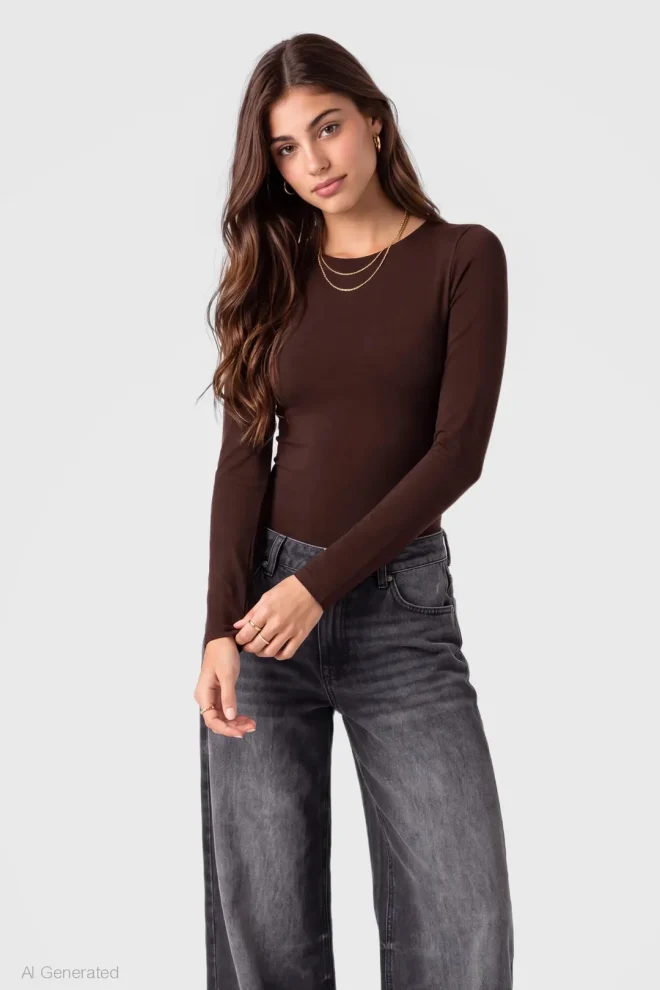 Espresso Brown Virelune Barbaratee crew neck long sleeve slim fit stretch top