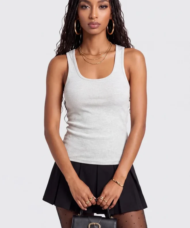 Heather Gray Barbaratee Zelvora Scoop Neck Ribbed Sleeveless Slim Fit Tank Top