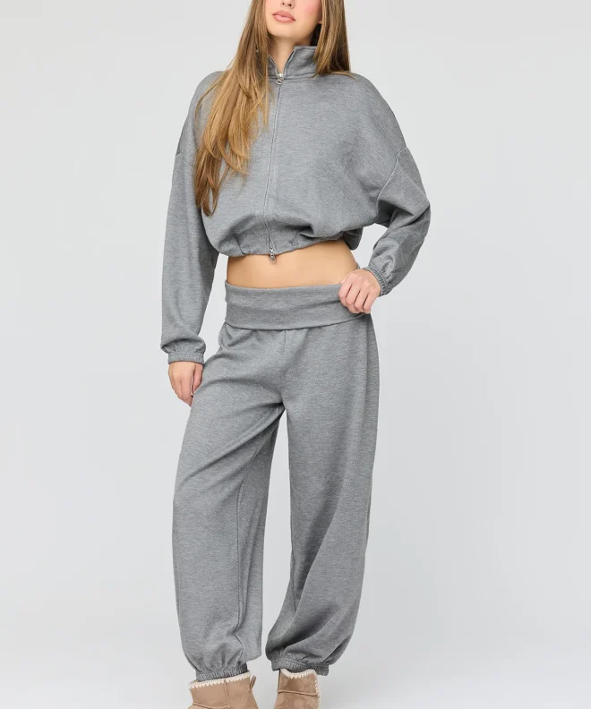Heather Gray Zenvora Barbaratee Cropped Zip Jacket Relaxed Wide Leg Lounge Pants Set