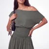 Olive Green Barbaratee Velmira Off Shoulder Smocked Waist Flowy Mini Dress