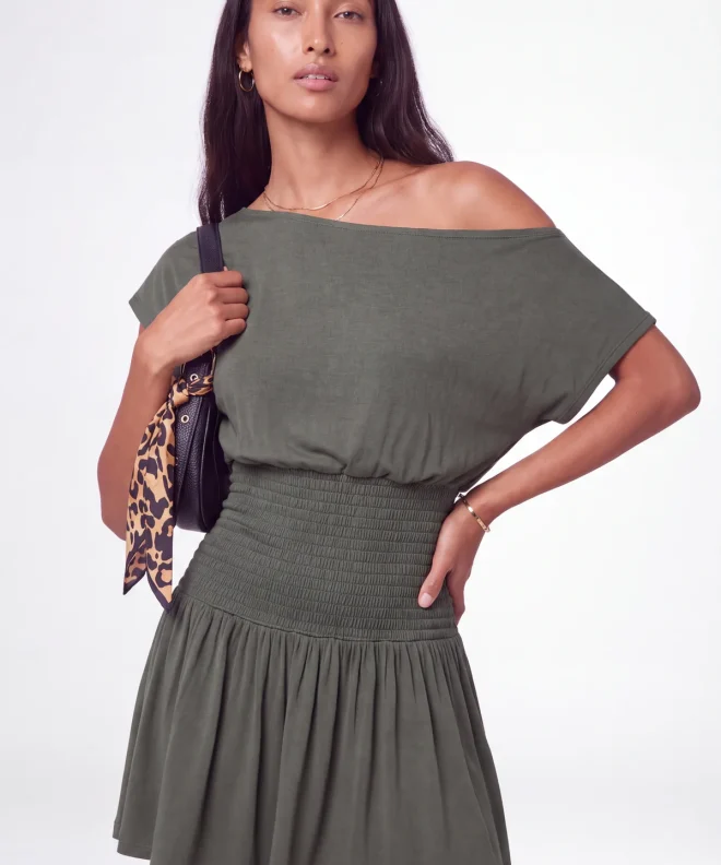 Olive Green Barbaratee Velmira Off Shoulder Smocked Waist Flowy Mini Dress