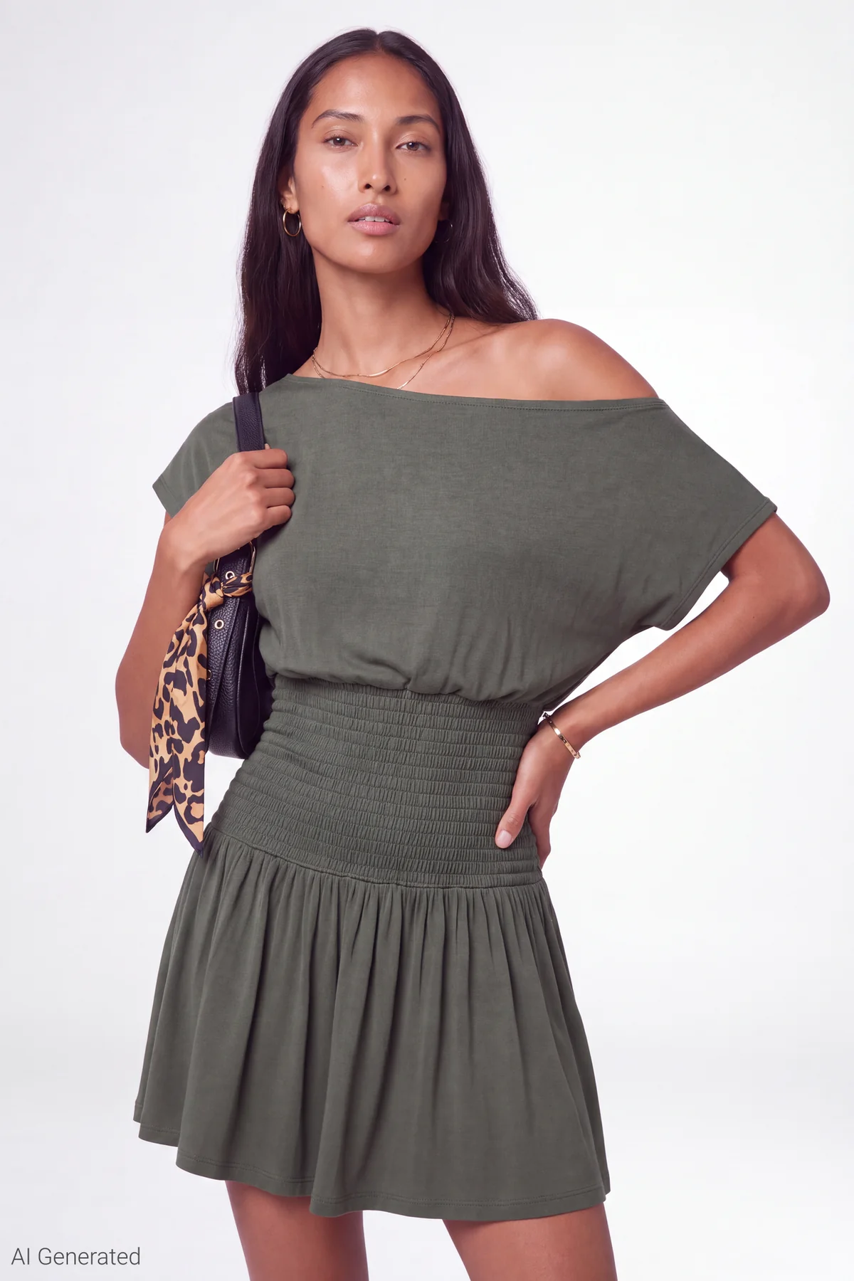 Olive Green Barbaratee Velmira Off Shoulder Smocked Waist Flowy Mini Dress
