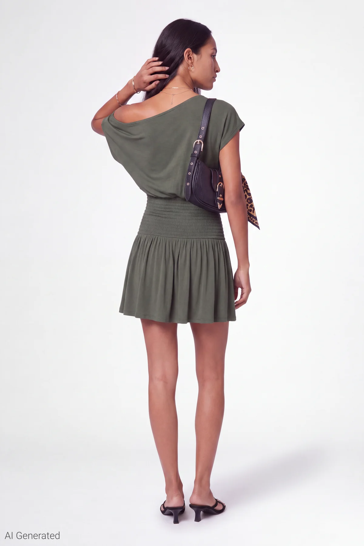 Olive Green Barbaratee Velmira Off Shoulder Smocked Waist Flowy Mini Dress - Image 3