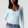 Powder Blue Barbaratee Elvora V Neck Long Sleeve Ribbed Fitted Stretch Casual Top