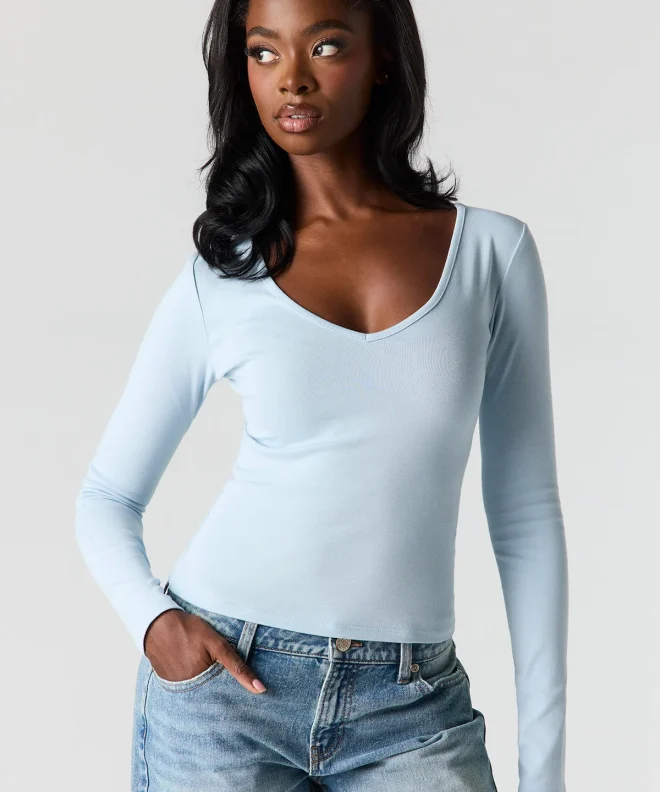 Powder Blue Barbaratee Elvora V Neck Long Sleeve Ribbed Fitted Stretch Casual Top