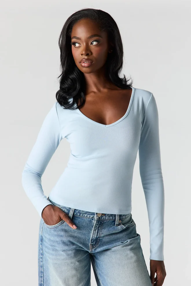 Powder Blue Elvora ribbed Barbaratee long sleeve tops V neck fitted casual style