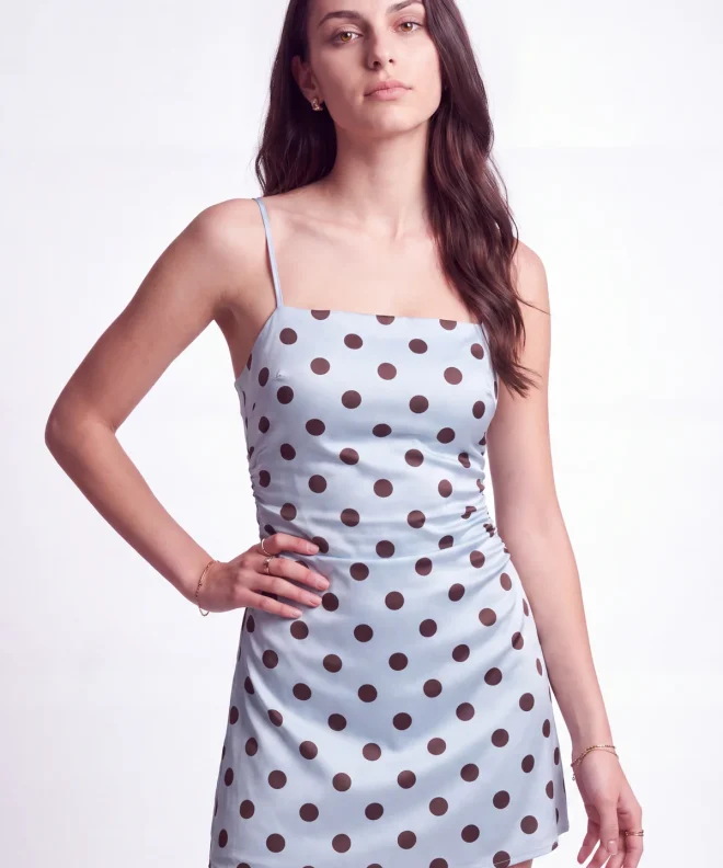Powder Blue Barbaratee Zelmora Brown Polka Dot Spaghetti Strap Fitted Mini Dress