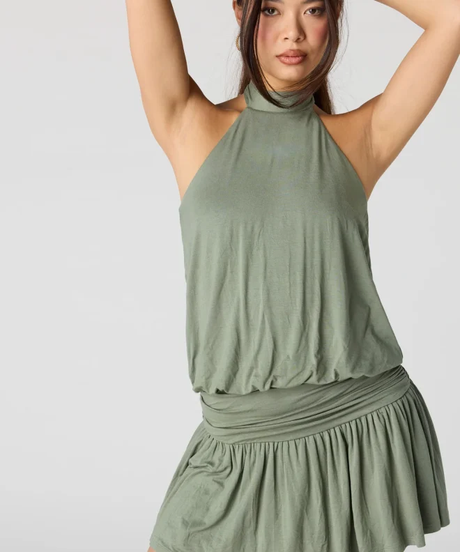 Sage Green Velmira Barbaratee Halter Neck Drop Waist Flowy Sleeveless Mini Dress